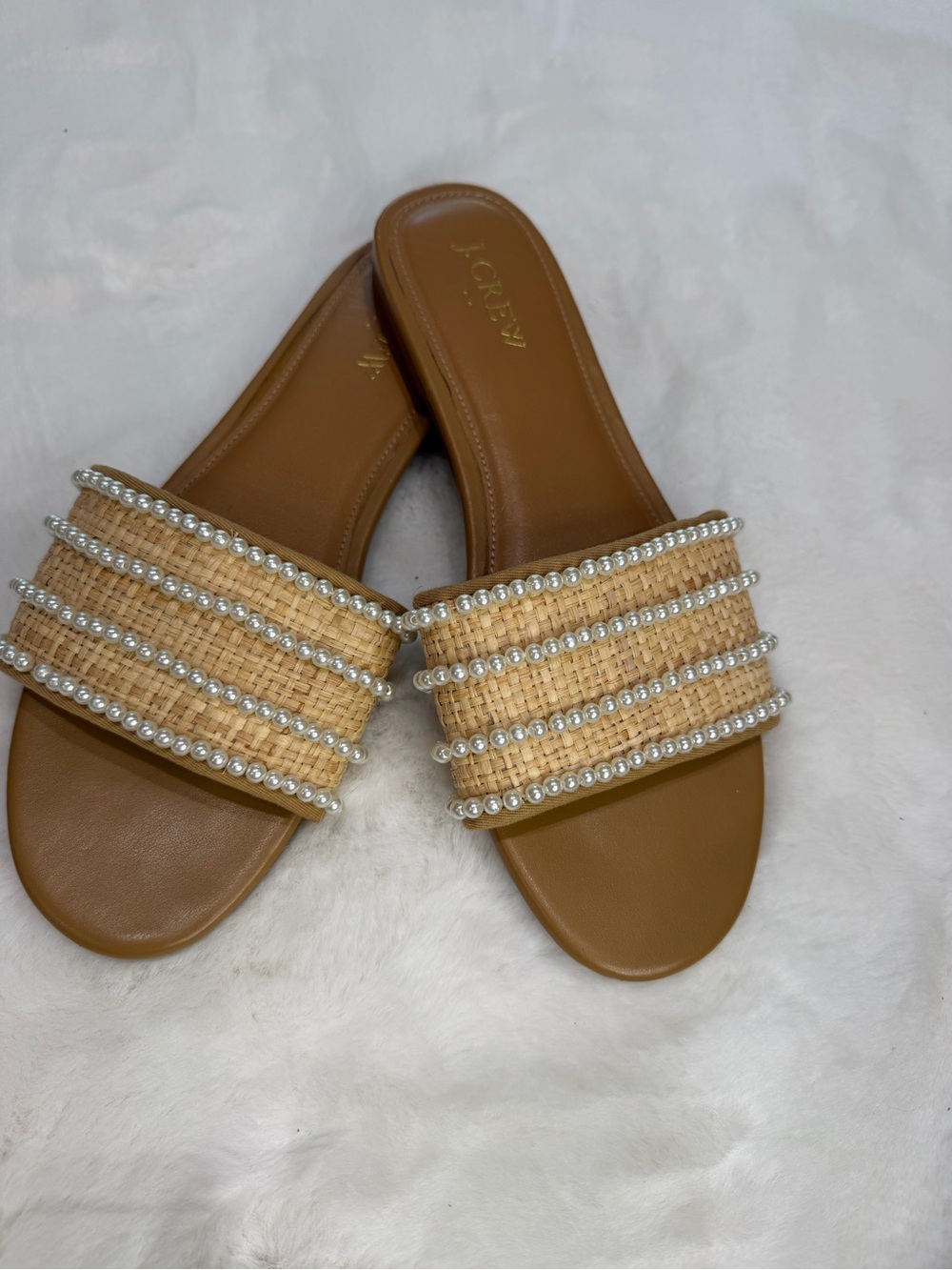 J. Crew Tan Raffia Slide Sandals with Pearl Straps Size 7